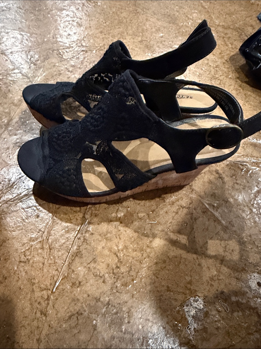 Seychelles Black Lace Slingback Wedge Sandals